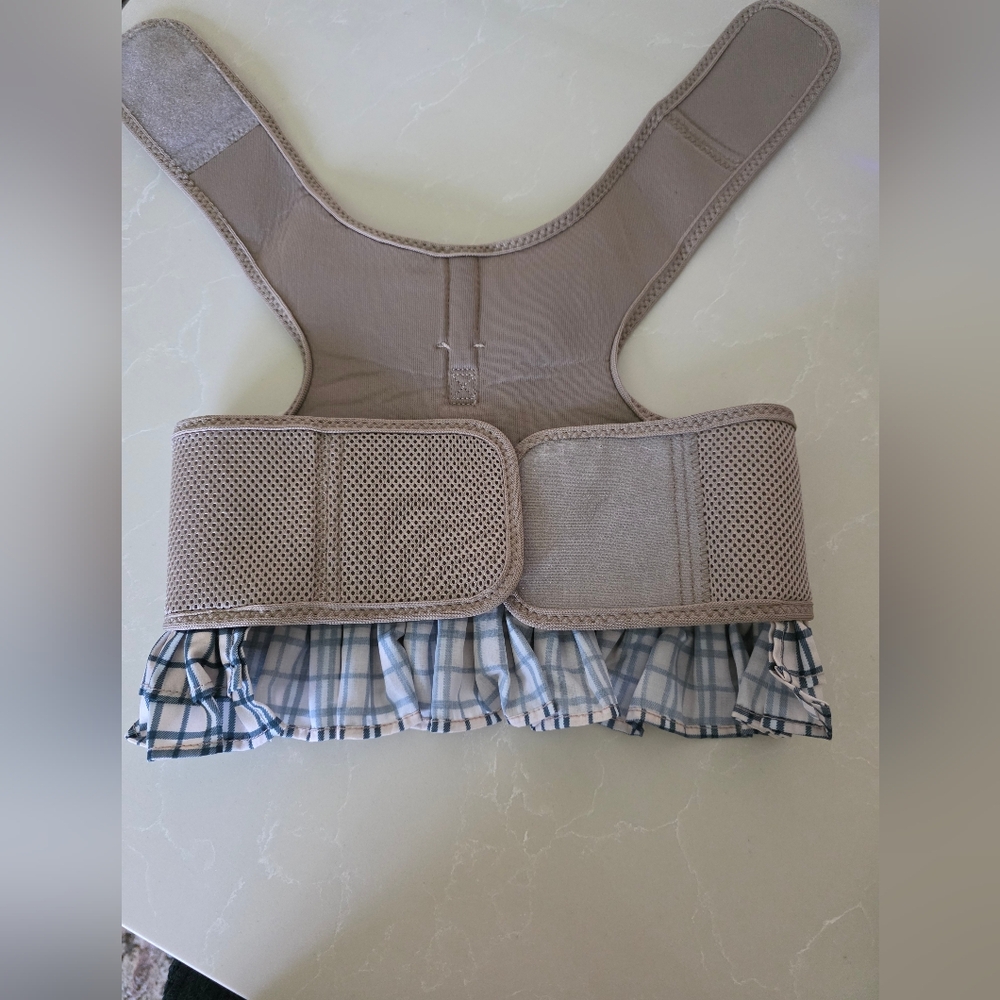 Parisian Works Tan Dog Harness with Blue Plaid Bow - Picture 6 of 11